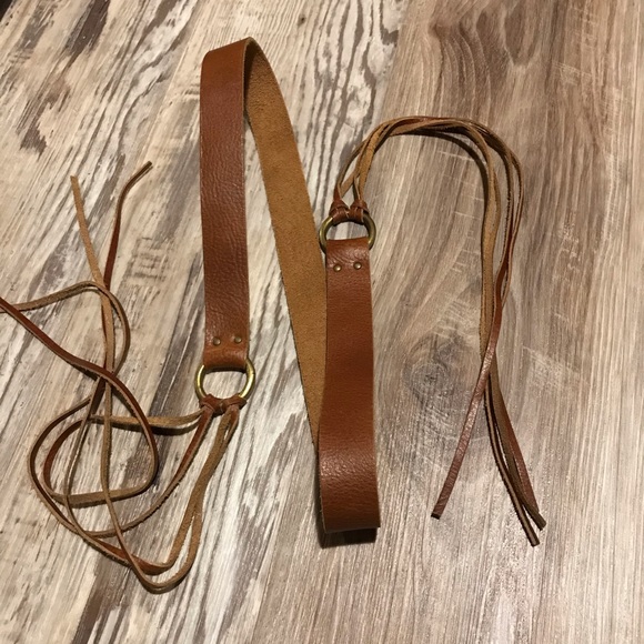 Brown leather tie belt long fringe brass hardware - Picture 2 of 8